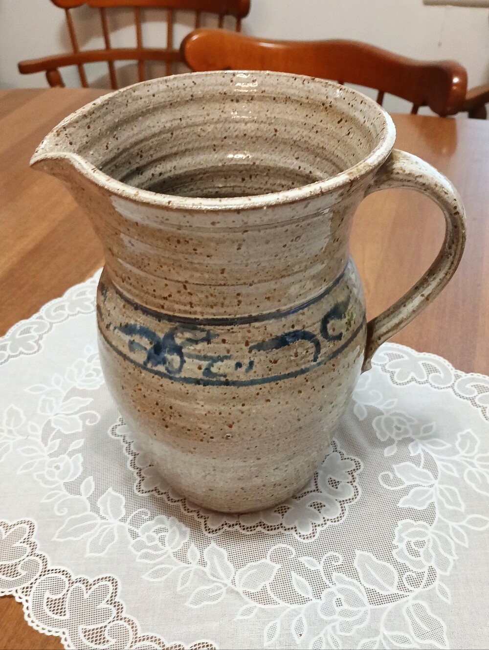 Taupe  Brown Speckled Pottery Pitcher with a Wedgewood Blue Design-8.5"H x 6.5"W